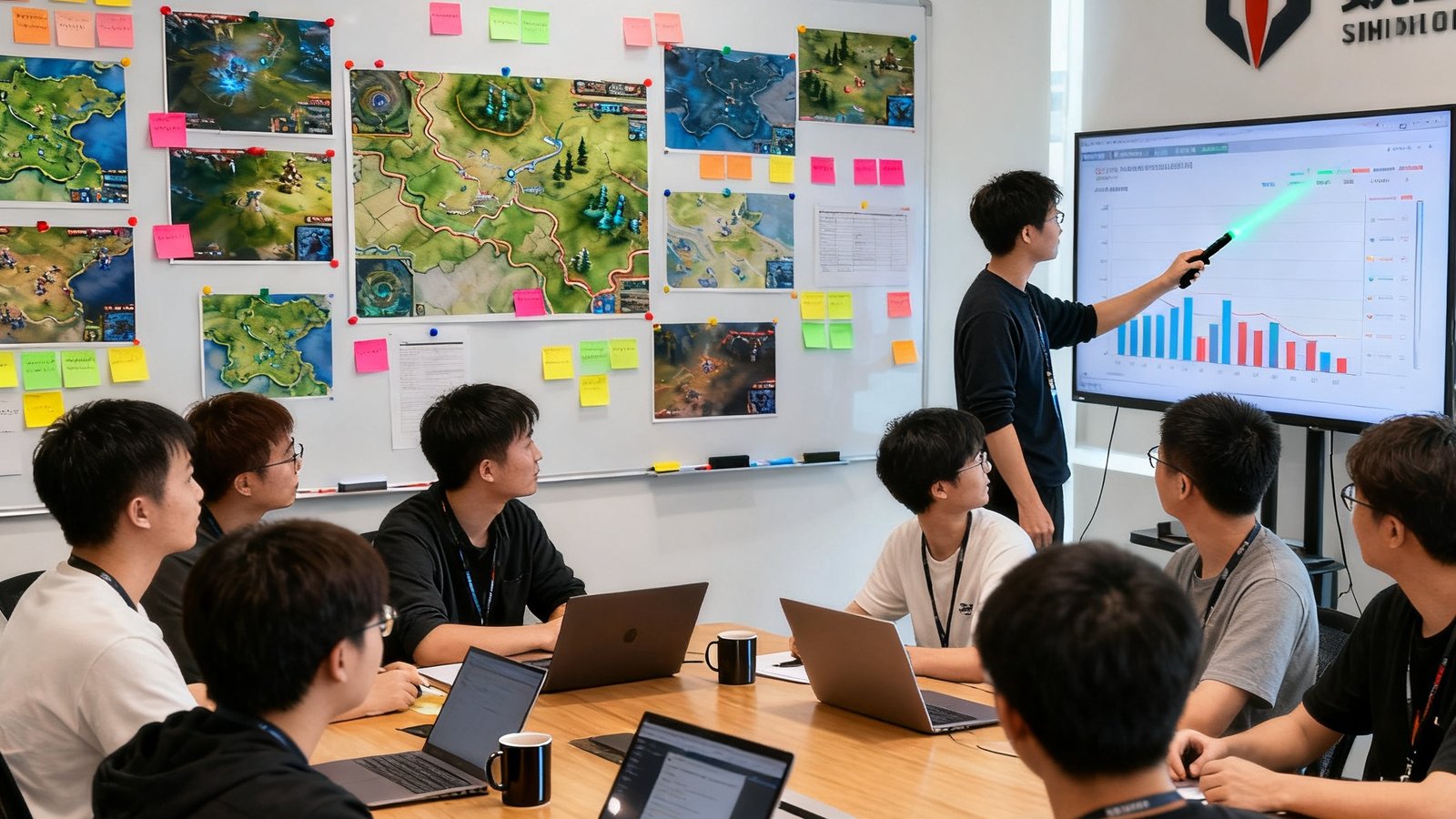 竞技宝深圳办公室内，十几位攻略创作者围坐在长桌旁进行每周战术选题会，白板上贴满了游戏地图截图和彩色便签，有人正在用激光笔指向屏幕上的数据图表。