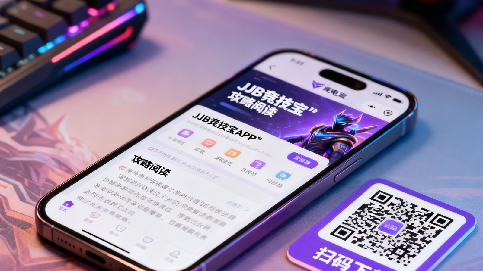 手机屏幕展示着JJB竞技宝APP的攻略阅读界面，旁边放着二维码扫码下载标识，背景是柔和的电竞主题桌面。